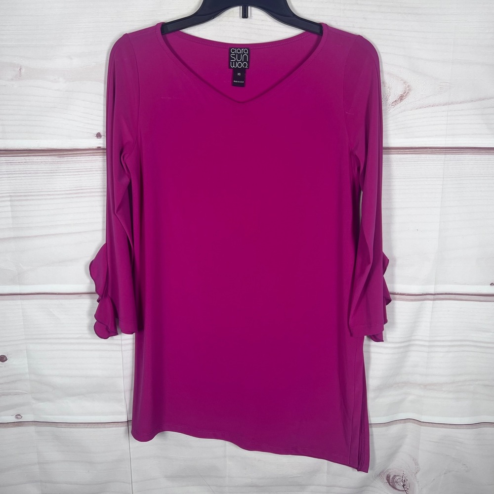 Clara Sunwoo Tunic Top Womens XS Pink Ruffle Sleeve V-Neck Asymmetric Hem Blouse